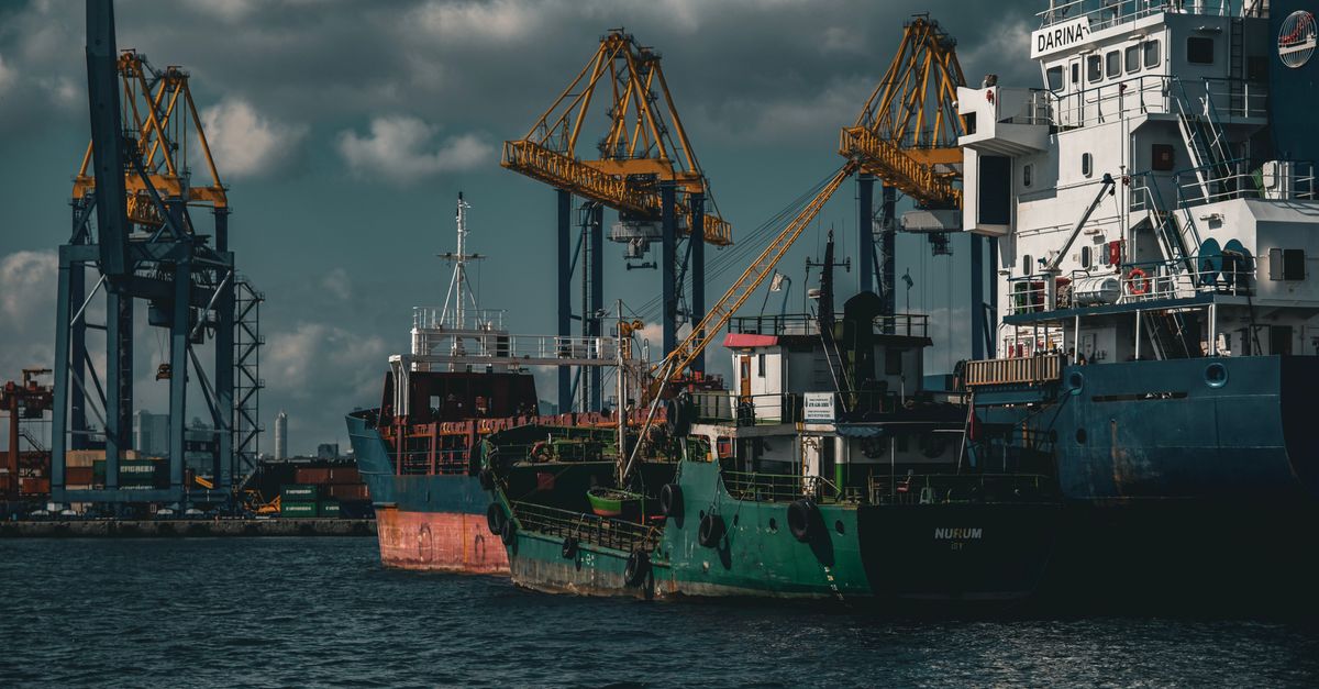 Cargo ships and cranes in an industrial port in Istanbul. Captured on a cloudy day.